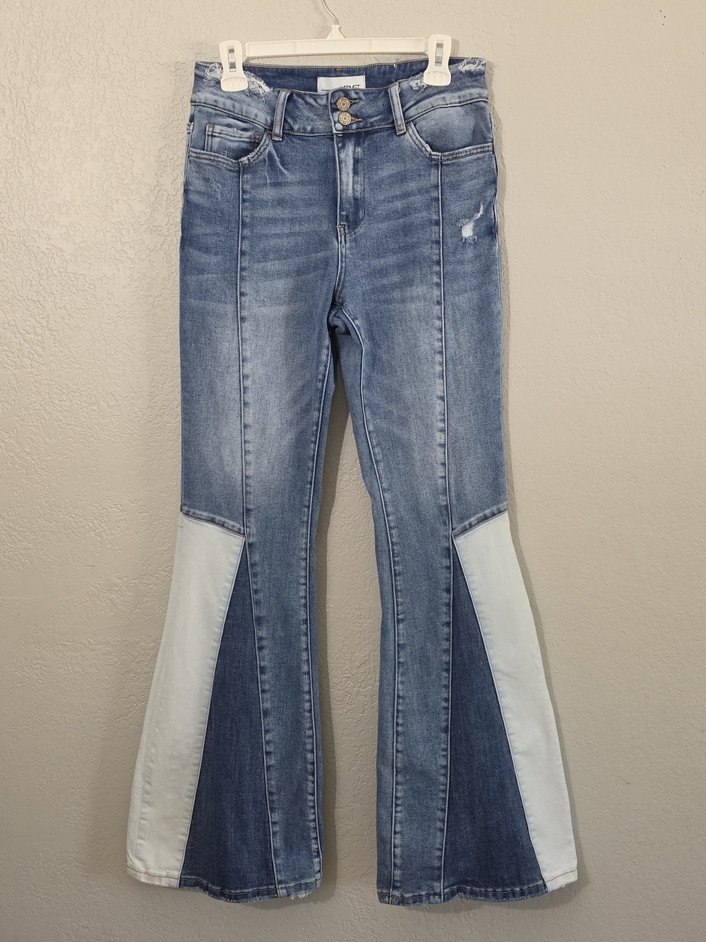 Vervet Two-Tone Patchwork Flare Leg Jeans Distressed Stretch Denim Women 29